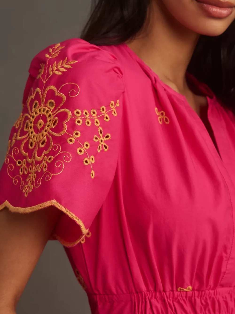 Anthropologie Somerset Eyelet Edition Hot Pink Dress with Gold Trim Maxi Dress - Picture 2 of 7